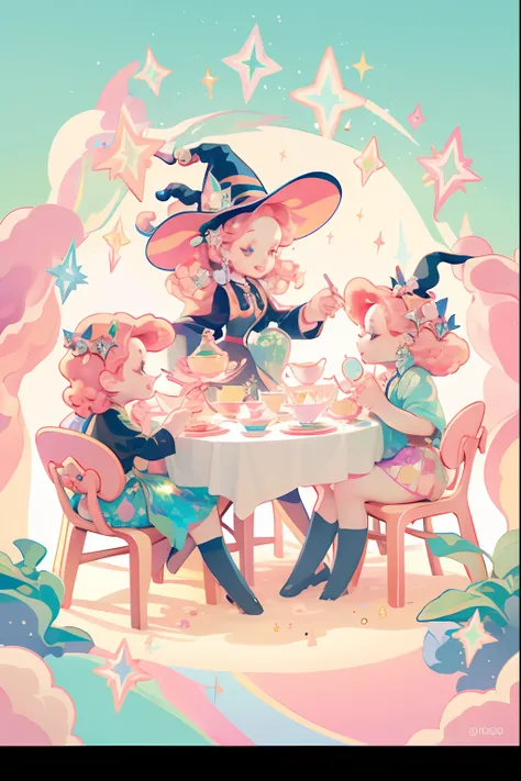 masterpiece, best quality, chibi, witch tea party, cute, happy, vibrant, colorful, stars, sparkle, shiny, iridescent