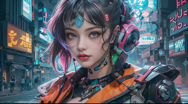 Masterpiece, Best quality, Confident cyberpunk girl, Full body shot, ((Stand in front of the motorcycle)), Popular costumes in Harajuku style, Bold colors and patterns, Eye-catching accessories, Trendy and innovative hairstyle, Vibrant makeup, Cyberpunks d...