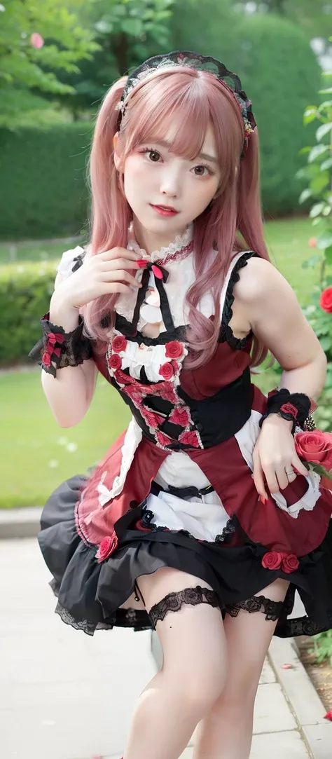 Lady Idol in Mini Dress、large full breasts、beautiful foot、Rose pink hair、、Good Style、Red and Black Lolita Fashion、Decoration of roses、a miniskirt、