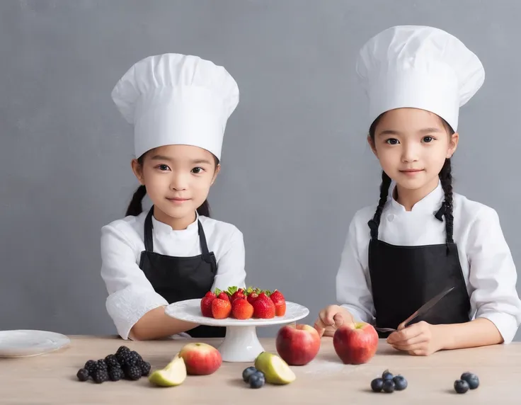 one Asian girl and one Slavic girl, 10 years old, one boy 12 years old, standing in the kitchen at full height, Making cakes together. flirting with camera, kitchen, dress and black apron, fruits,  Joint process of making cakes and pastries. Flowers on the...