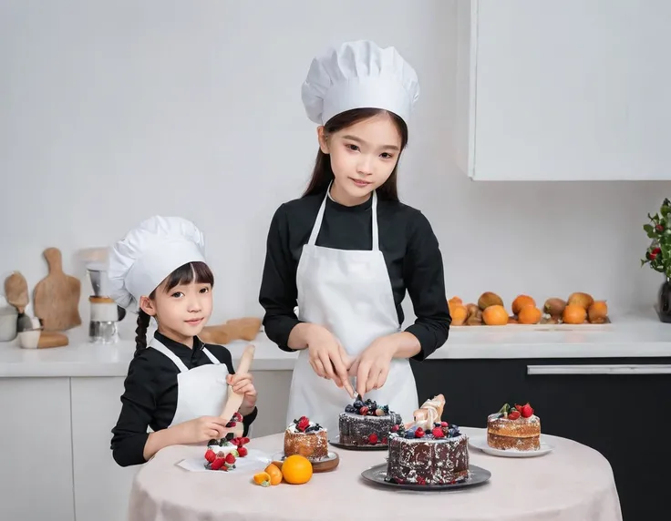 one Asian girl and one Slavic girl, 10 years old, one boy 12 years old, standing in the kitchen at full height, Making cakes together. flirting with camera, kitchen, dress and black apron, fruits,  Joint process of making cakes and pastries. Flowers on the...