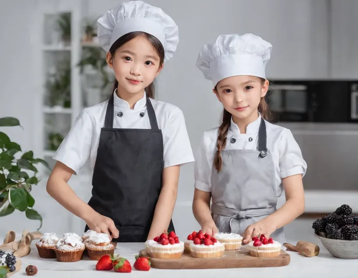 one Asian girl and one Slavic girl, 10 years old, one boy 12 years old, standing in the kitchen at full height, Making cakes together. flirting with camera, kitchen, dress and black apron, fruits,  Joint process of making cakes and pastries. Flowers on the...