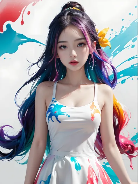 (Masterpiece, Best Quality, High Resolution), White Background, ((Paint Splash, Color Splash, Splash of Ink, Color Splash)),, Sweet Chinese Girl, Rainbow Hair, Peach Lips, Front, Upper Body