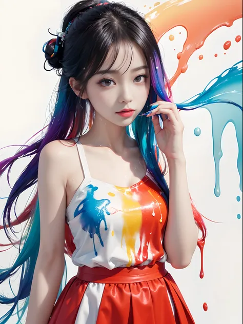 (Masterpiece, Best Quality, High Resolution), White Background, ((Paint Splash, Color Splash, Splash of Ink, Color Splash)),, Sweet Chinese Girl, Rainbow Hair, Peach Lips, Front, Upper Body