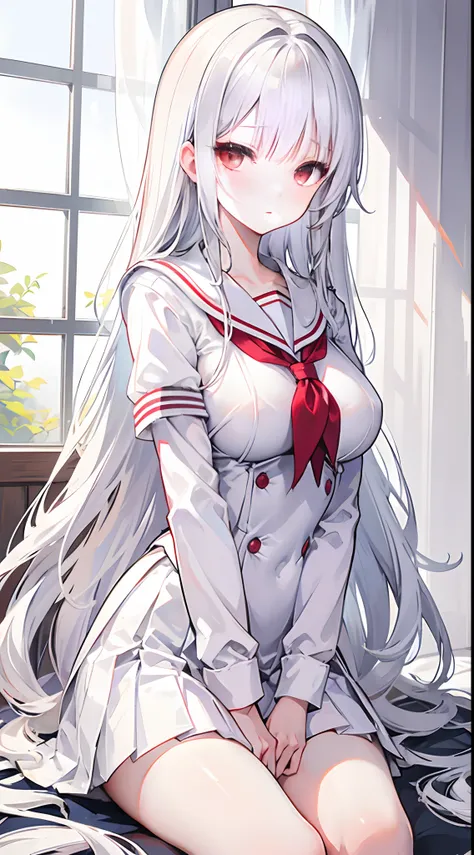 silver-white long hair，Broken hair curtains，Crystal red eyes，Off-white short-sleeved sailor uniform school uniform，a skirt，expressiveless，apathy，Sit in the infirmary，Wearing white stockings，Girl with big breasts