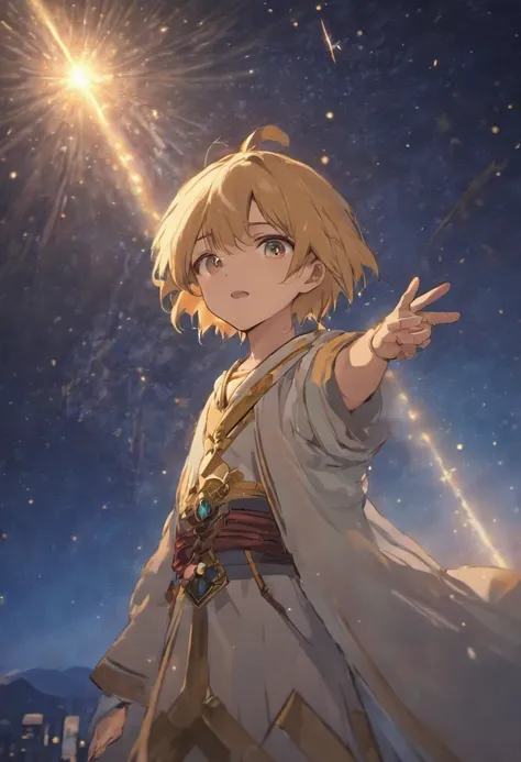 Mini-Ra pointing to the starry sky of Egypt with a worried look on his face