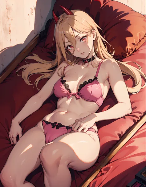 (masutepiece, Best Quality), power, red horns, Beautiful Girl, Lying down, (Detailed beautiful eyes) Underwear, Full body shot, Long Blonde Hair, Pink eyes, visible belly button，