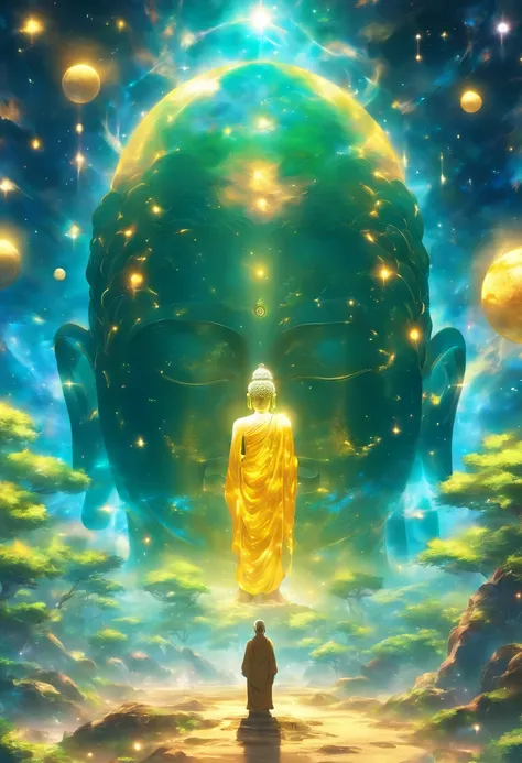 Huge transparent Buddha head looking at a yellow planet in the soil of space，Glow effect，oc rendered