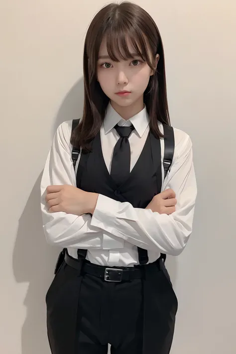 ​masterpiece、flat-colors、depth of fields、lens flare 1 girl、、Brown hair、watching at viewers　　　　a belt　black suspenders　Social OL　　　huge-breasted　　　 　 Armpit sweat　perspiring　Side of both hands　　walls: Black Suit　Black pants, Black jacket holster　arm　Leg hol...