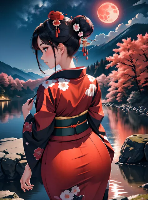 Highly detailed, High Quality, Masterpiece, beautiful, night, (dark environment), mountains, water, trees, red moon, Botan, BotanKimono, hair ornament, hair flower, double bun,  from behind, butt, kimono lifted above ass