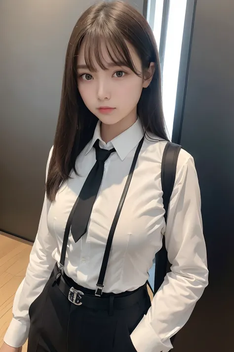 ​masterpiece、flat-colors、depth of fields、lens flare 1 girl、、Brown hair、watching at viewers　　　　a belt　black suspenders　Social OL　　　huge-breasted　　　 　 Armpit sweat　perspiring　Side of both hands　　walls: Black Suit　Black pants, Black jacket holster　arm　Leg hol...