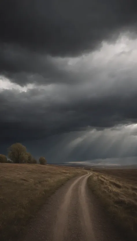 Realistic, personality: [Illustrate the opening shot of a dark and ominous sky with heavy clouds covering the horizon. The atmosphere should feel threatening and foreboding, setting the tone for the film. Use hyperrealistic visuals to enhance the sense of ...