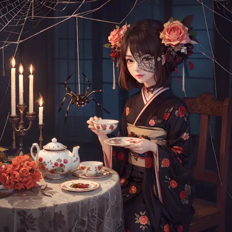 spider girl. wear kimono. Spider web embroidery. tea party. Inside a dark mansion. candle. Rose flowers on a plate.