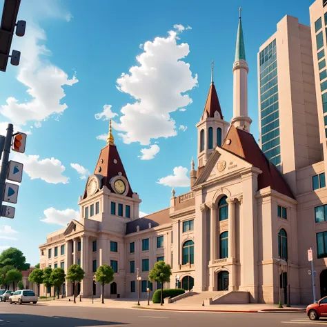 A municipal building with the dollar sign on top