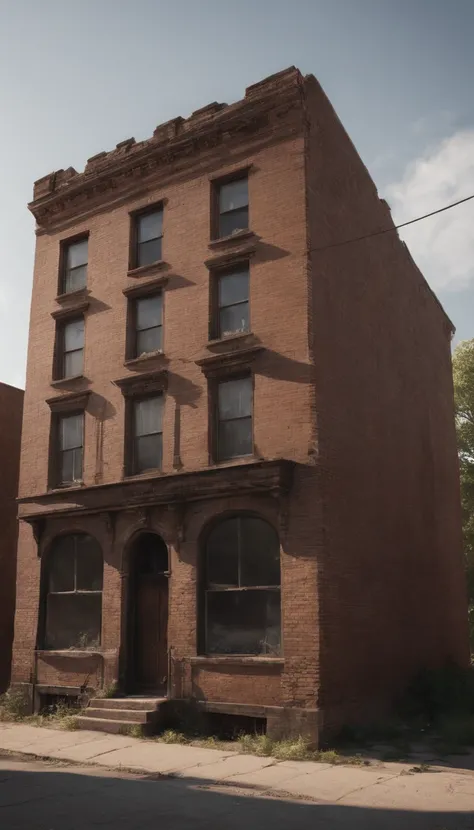 Realistic, personality: [Show the exterior of a run-down brick building in a nondescript urban neighborhood at dawn. The building appears dilapidated and abandoned. The sky above is still dark, with the first rays of sunlight barely breaking through the cl...