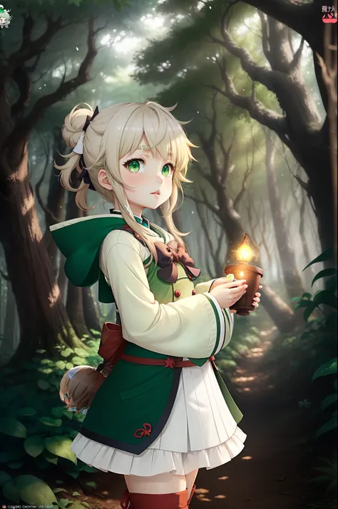 Anime character concept arr, short, small, thicc loli girl, short, fluffy, light brown hair with yellow tips, light green eyes, pale skin, exotic, forest, cottagecore outfit, Genshin Impact inspired