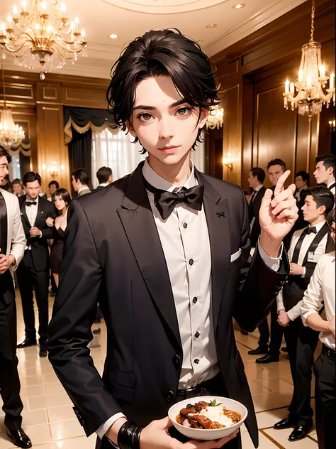 1boy,11 only、(Mans :2),(bobhair:1.5)、A dark-haired、Bright tuxedo、Have a wine glass、Inside a luxurious old Western-style building、Luxurious chandeliers、Natural lighting、hightquality、masutepiece,8K,hight resolution、