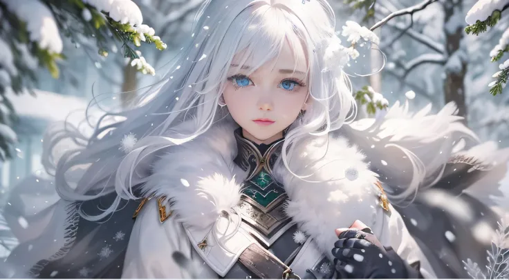 best qualtiy， tmasterpiece， White hair， eBlue eyes， A girl，white colors、， Realistis, Floating hair, Snowy,, Detailed face, winter, Green trees, Sunshine