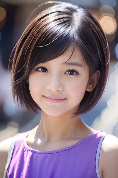 10-year-old girl, short detailed hair, photo., purple top