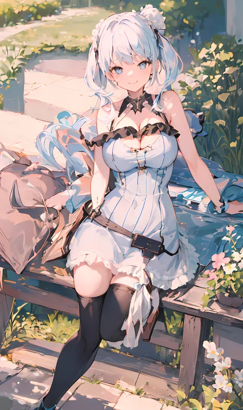 ((masterpiece, best quality)), (1girl),((teenage female)), long light blue hair, ((short summer dress)), (black tights) ,bangs,  large breast,(busty), (cleavage), curvaceous,smile, [wide hips],garden,standing, aru (blue archive),