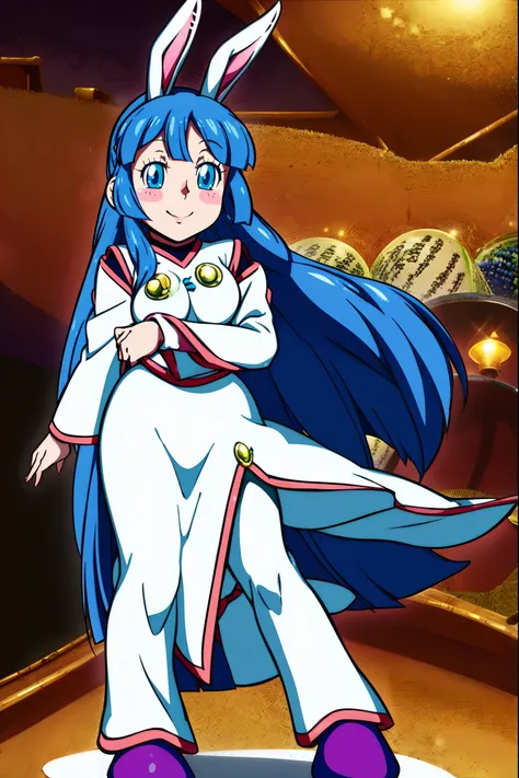 luna tsukino,long robe,rabbit ears,long hair,blue eyes,blue hair,smiling,smile,happy,medium breast,standing,illustration,highest quality,ultra-detailed,,vivid colors,warm tones,soft lightin, big breast