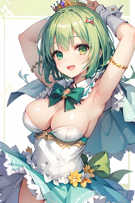 tiny girl,Colossal tits,Smile with open mouth,short green hair,Princess,Tiara on the head,Heterochromia,Top image quality,Best Quality