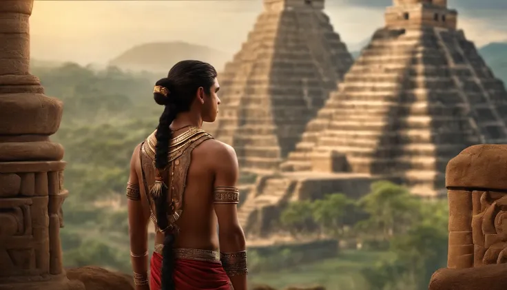 Create a photorealistic image of a handsome 18-year-old Mayan-Indian boy, dressed in the attire of that era, standing against the backdrop of an ancient Mayan city.  We can see his beautiful naked lags, he sits un a seductive position.