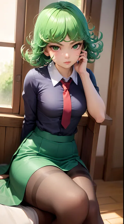 (masterpiece, best quality:1.2), solo, 1girl, tatsumaki, unamused, closed mouth, looking at viewer, hand on own face, sitting, crossed legs, collared shirt, necktie, skirt, pantyhose