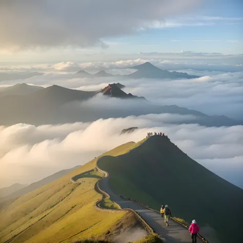 People go up the mountain on a cloudy day, walking above the clouds and fog, Volcanic fog, (Mist), by Daren Bader, author：Tadashige Ono, author：Cheng Jiasui, beautiful morning, travel, heaven in the top, Standing in the clouds, author：Shen Zhecai, author：L...