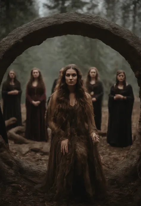 Devils Eye focus, cthulhu, necropolis, 10 girls stand in a circle performing a ritual in the background