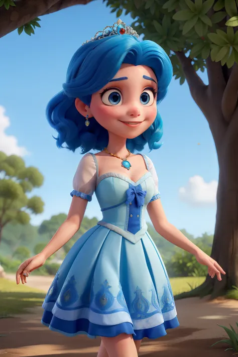 Sou uma menina branca de cabelos pretos com vestido azul pelo solto tenho olhos castanhos desenho disney  princesas com magia