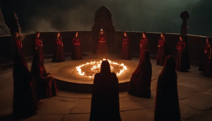 fiery Devils Eye focus, cthulhu, necropolis, 10 girls stand in a circle performing a ritual in the background