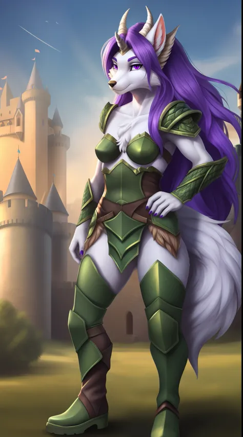 sierra, (white horn:1.1), furry female anthro, wolf girl, purple hair, long hair, portrait, close-up, purple eyes, (green armor:1.2), fur trim, solo, (body fur:1.2), (best quality), (detailed castle background:1.2), dramatic lighting, (detailed fluffy fur:...