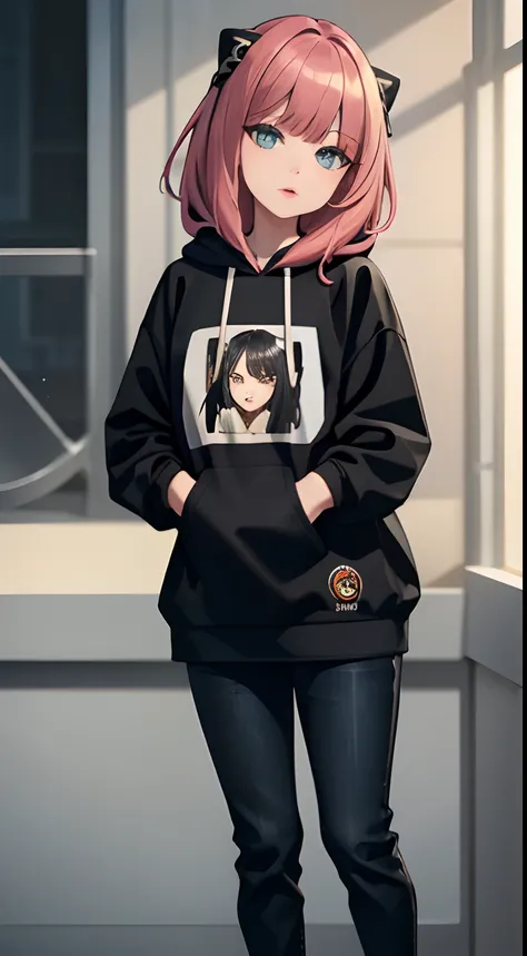 masterpiece, (best quality,highres), full body shot, anya forger, wearing streetwear hoodie, black jeans, detailed eyes, detaile...