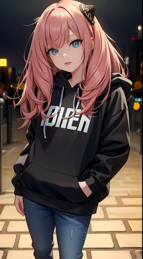 Masterpiece, (best quality,highres), full body shot, Anya forger, wearing Streetwear Hoodie, black jeans, detailed eyes, detailed lips, hair texture, soft background, vivid colors, dinamic lighting, bokeh