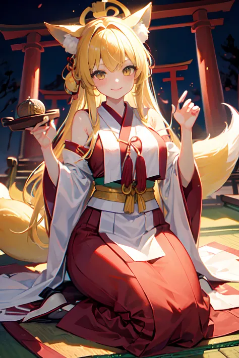 Fox ears、Fox tail、Nine Tails、long、Yellow hair、Yellow eyes、shrine maiden clothe、The background is a torii gate、Bewitching、Colossal tits、Valley、tall、Trim disheveled hair、A slight smil、Sit on tatami mats、God、Touching hair