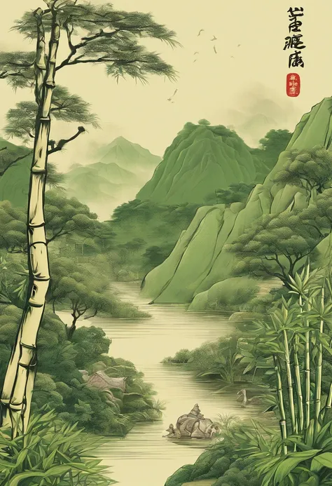 bamboo shoots，Uncle Farmer，mountain ranges，lakes，bamboo forrest，Small animals，quality，nutritive value，wholesome，Green choice，Uncle Farmer happily shows off the bamboo shoots he has cultivated with his heart，Beautiful mountains and lakes create a tranquil b...