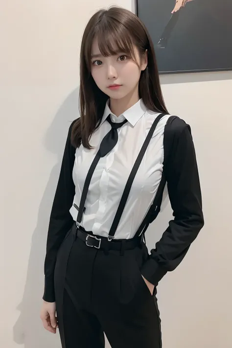 ​masterpiece、flat-colors、depth of fields、lens flare 1 girl、、Brown hair、watching at viewers　　　　a belt　black suspenders　Social OL　　　huge-breasted　　　 　 Armpit sweat　perspiring　Side of both hands　　walls: Black Suit　Black pants, Black jacket holster　arm　Leg hol...