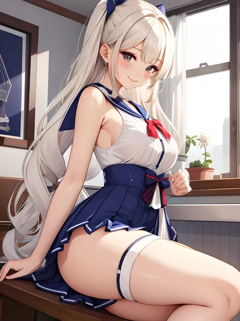 top-quality、realistic touch,high-detail、 Erotic sailor suit、High school students、Long body、Sheer costumes、skirts that are too short、Not wearing underwear、big eye、long lashes、Long upper eyelashes、platinum-blonde、cute little、Beautie、A sexy、Commuting to schoo...