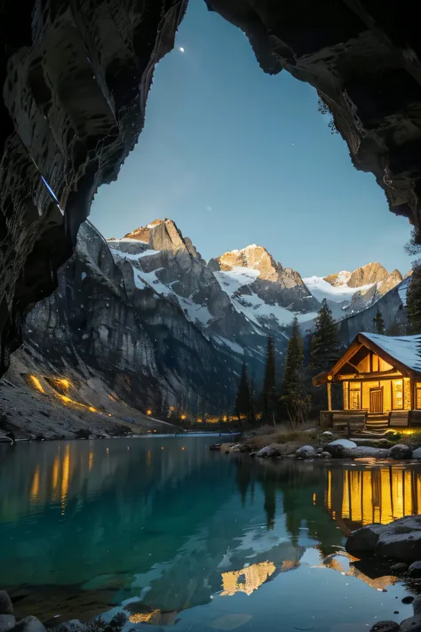 Frame style cabin with the light turned on in yellow in a cave entrance with mountains in the background and a crystal clear lake on the side and a beautiful sky