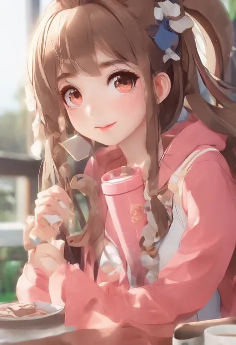 There is a young girl holding coffee in her hand, girl cute-fine-face, cute natural anime face, cute - fine - face, sakimichan, chiho, 奈良美智, Young cute face, the face of a beautiful Japanese girl, brown hair and large eyes, cute kawaii girl, beautiful ligh...