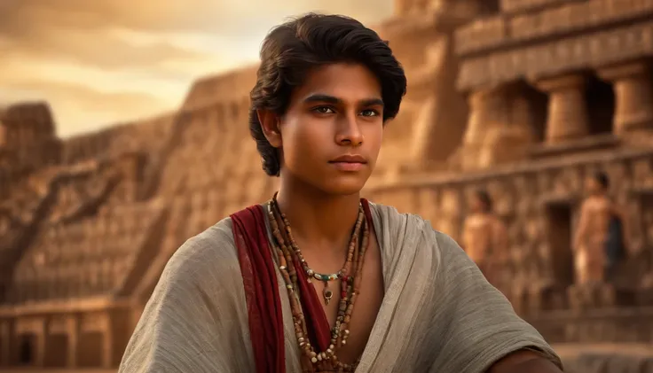 Create a photorealistic image of a handsome 18-year-old Mayan-Indian boy, dressed in the attire of that era, standing against the backdrop of an ancient Mayan city.  We can see his beautiful naked lags, he sits un a seductive position.