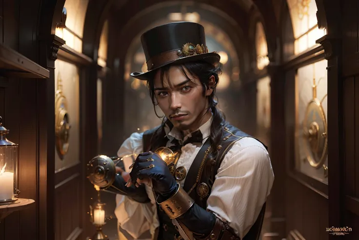 NO ESTILO STEAMPUNK ,  homem, pele morena, Male Magician ,  a parte superior do corpo ,  water ripple ,  4K分辨率 ,  Maiores detalhes ,  maior qualidade ,  perfect compositio ,  Cinematic lighting