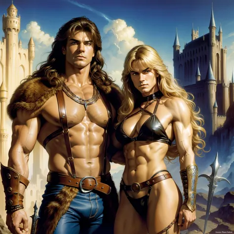 ((realistic:1.5)),((best quality)), ((masterpiece)),((detailed)) , full body in frame, he-man, body harness, leather belt, fur boots, (detailed handsome face and wavy blonde hair, large thick muscles, strong jaw, defined eyes, defined mouth, defined nose, ...