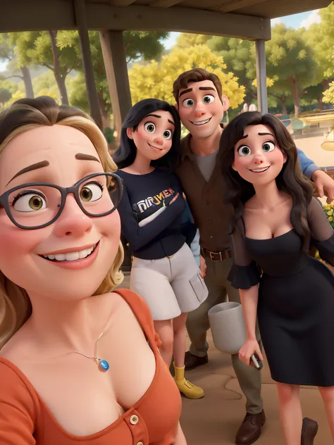 obra-prima ao estilo disney/pixar in high quality and high resolution. the woman in front is blonde and the man has black hair.