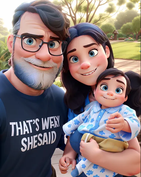 A Disney Pixar-style family, where the father is bearded and the child has the blue eye, na floresta em um dia ensolarado, alta qualidade