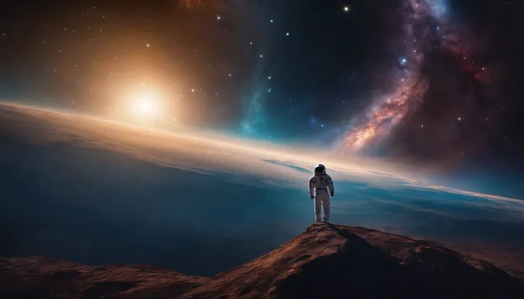 A lone astronaut moves through the vacuum of space, Surrounded by bright stardust and distant galaxies. Capture the breathtaking vastness of the universe and the human spirit of exploration