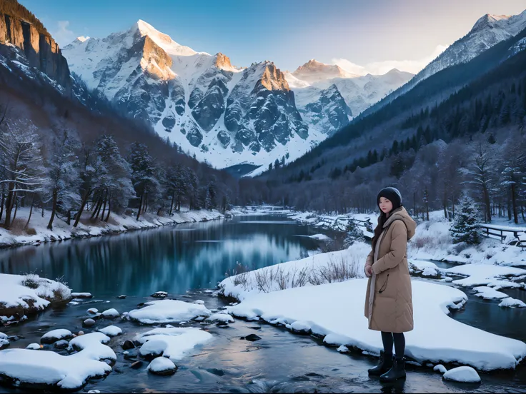 超A high resolution、An ultra-high picture quality、8K、Detailed details、marvelous expression、Midwinter valley、The snow falling is beautiful.、Its cold enough to freeze even in mountain streams、Girl standing in front of the valley