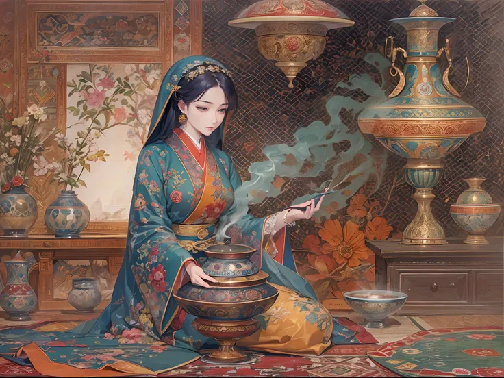 ((Finest quality)),(超A high resolution),(ultra-detailliert),(Meticulous portrayal),((best pictures)),(Finest works of art),Ultra-Precision Art,The art of astounding depiction, Smoke wafting from a magnificent incense burner:1.4, (1人の女性:1.5),Mysterious,bewi...