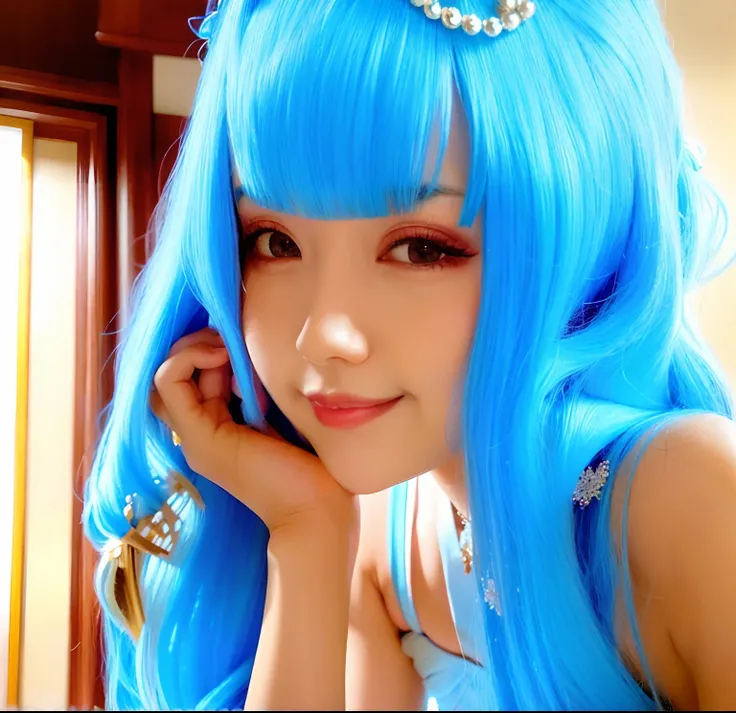 araffe asian woman with long blue hair posing for a picture, dilraba dilmurat, beautiful south korean woman, with cute - fine - face, young cute wan asian face and blue hair tatoos xintong chen, cute korean actress, tzuyu from ktwice, korean girl, ulzzang,...